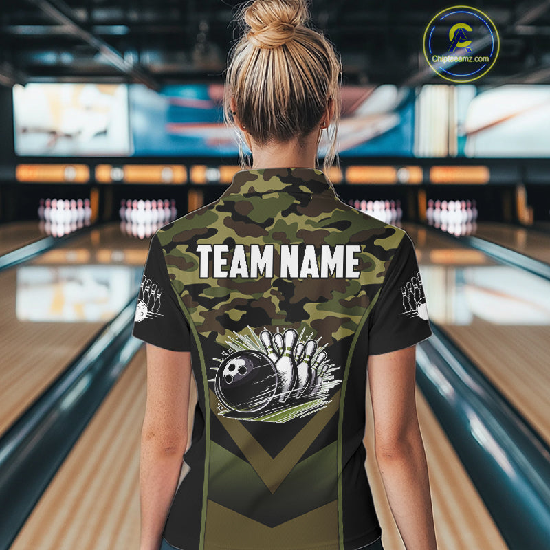 Black green camo polo, quarter Zip bowling shirts Custom bowling team league jerseys