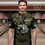 Black green camo polo, quarter Zip bowling shirts Custom bowling team league jerseys