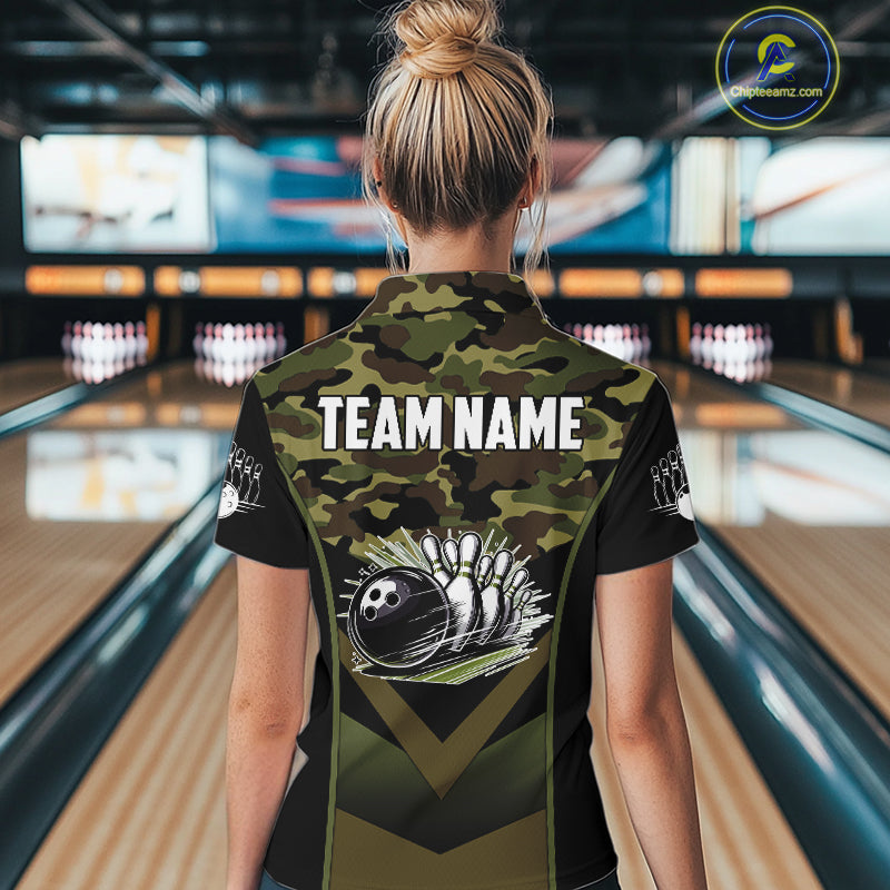 Black green camo polo, quarter Zip bowling shirts Custom bowling team league jerseys