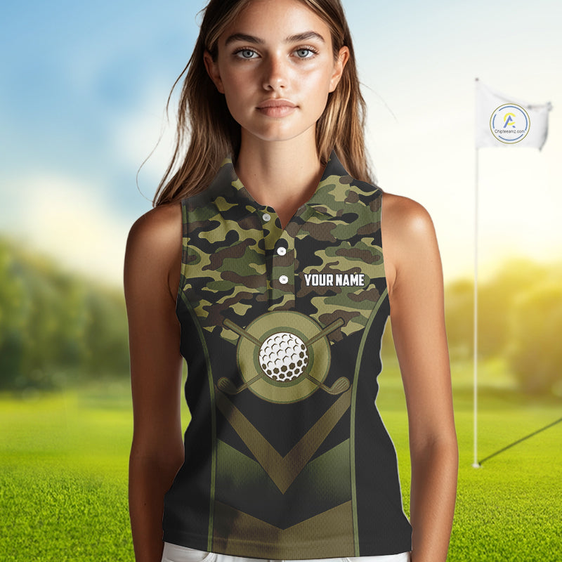 Black green camo Sleeveless Polo shirt Custom golf outfit, personalized golf gifts