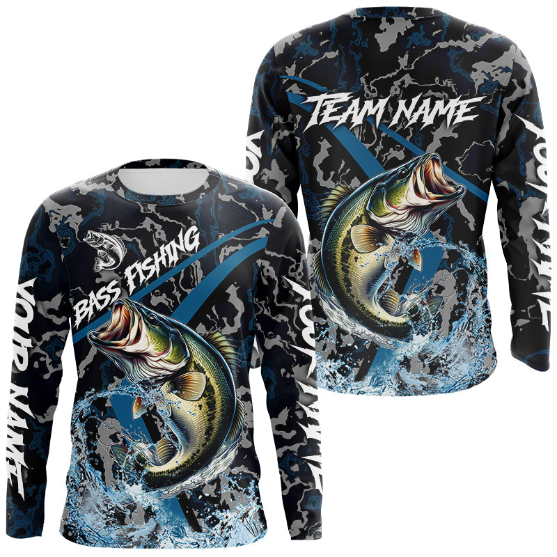 Custom Largemouth Bass Fishing Camo Long Sleeve Fishing Shirts, Personalized Bass Fishing Team Jerseys