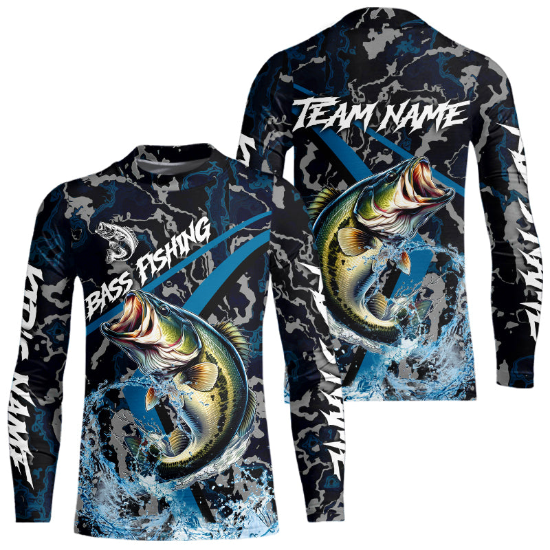 Custom Largemouth Bass Fishing Camo Long Sleeve Fishing Shirts, Personalized Bass Fishing Team Jerseys