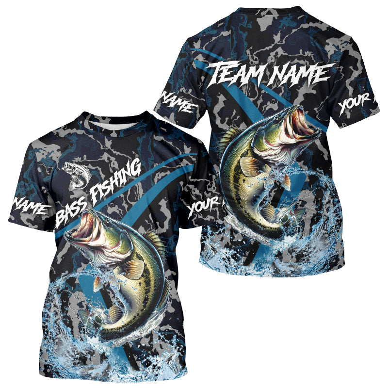 Custom Largemouth Bass Fishing Camo Long Sleeve Fishing Shirts, Personalized Bass Fishing Team Jerseys