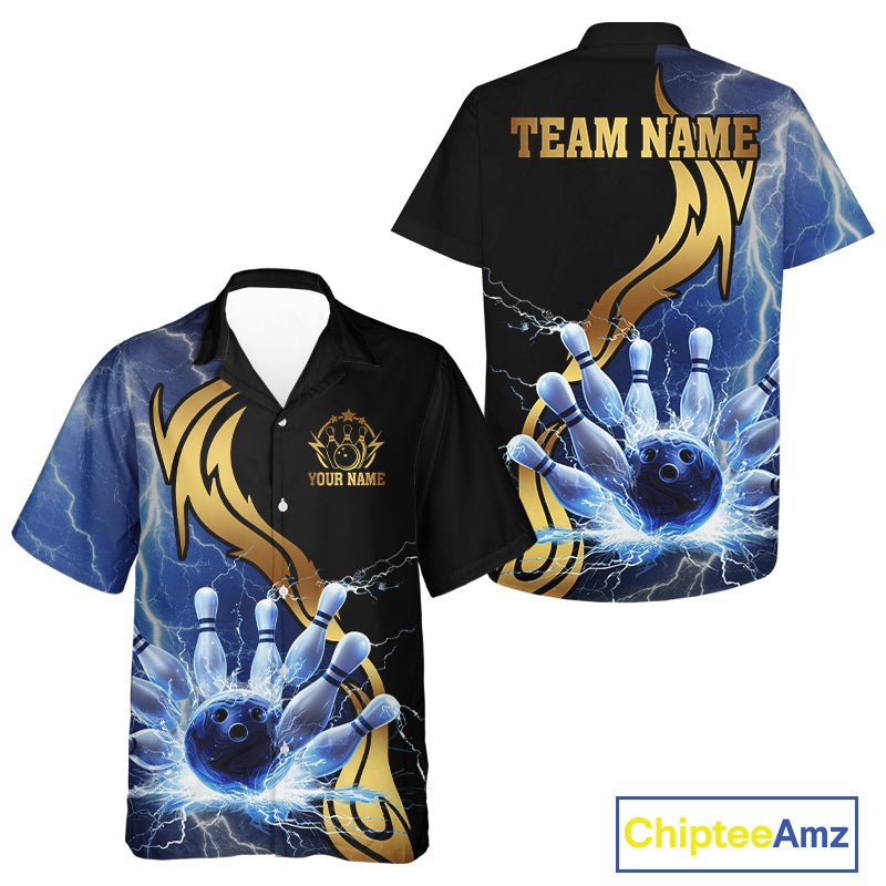 Custom Blue Lightning thunder and Gold Bowling Team Jerseys, Personalized Bowling Hawaiian Shirt