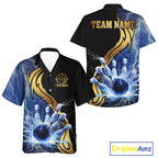 Custom Blue Lightning thunder and Gold Bowling Team Jerseys, Personalized Bowling Hawaiian Shirt