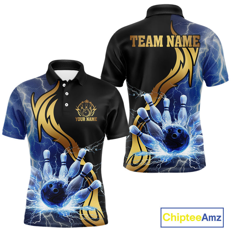 Custom Blue Lightning thunder and Gold Bowling Team Jerseys, Personalized Bowling Shirts