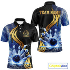 Custom Blue Lightning thunder and Gold Bowling Team Jerseys, Personalized Bowling Shirts
