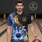 Custom Blue Lightning thunder and Gold Bowling Team Jerseys, Personalized Bowling Shirts