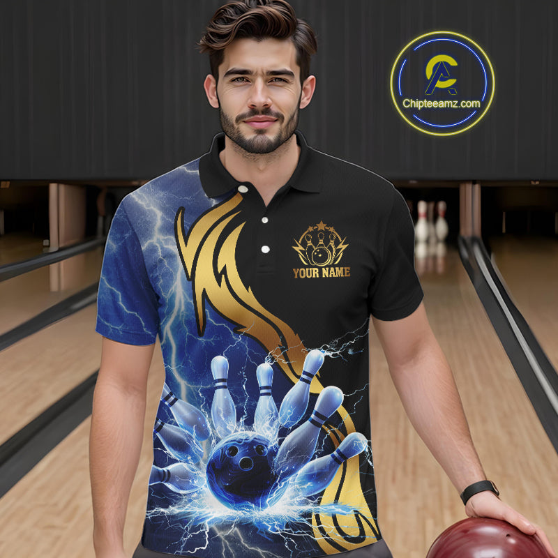 Custom Blue Lightning thunder and Gold Bowling Team Jerseys, Personalized Bowling Shirts