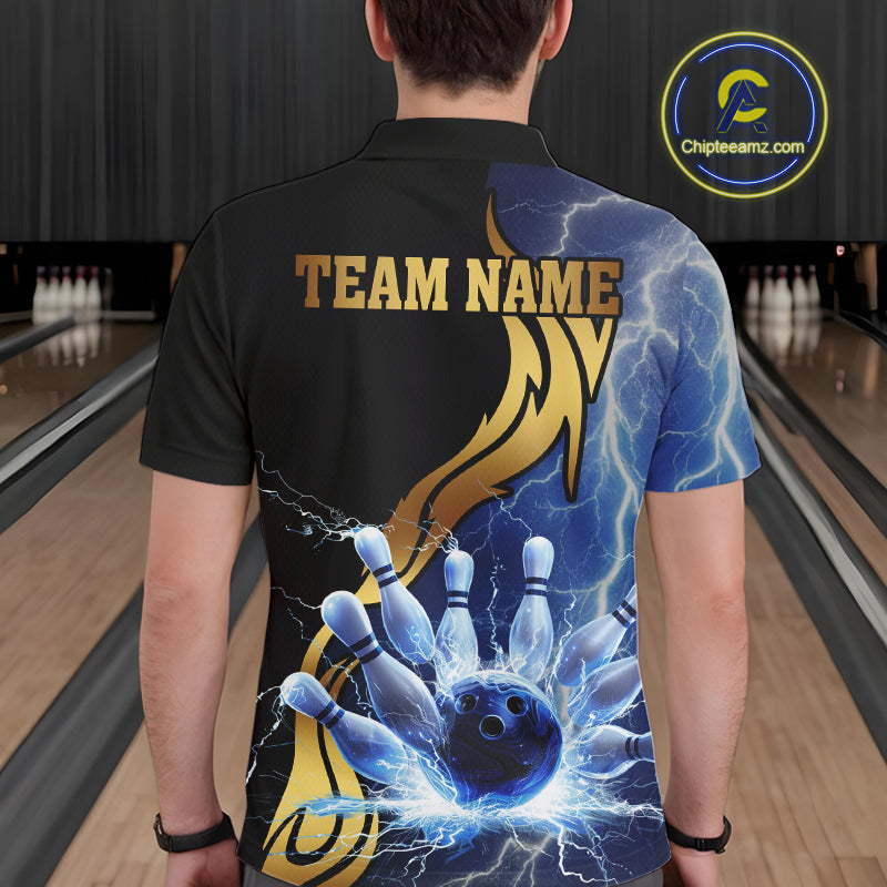 Custom Blue Lightning thunder and Gold Bowling Team Jerseys, Personalized Bowling Shirts