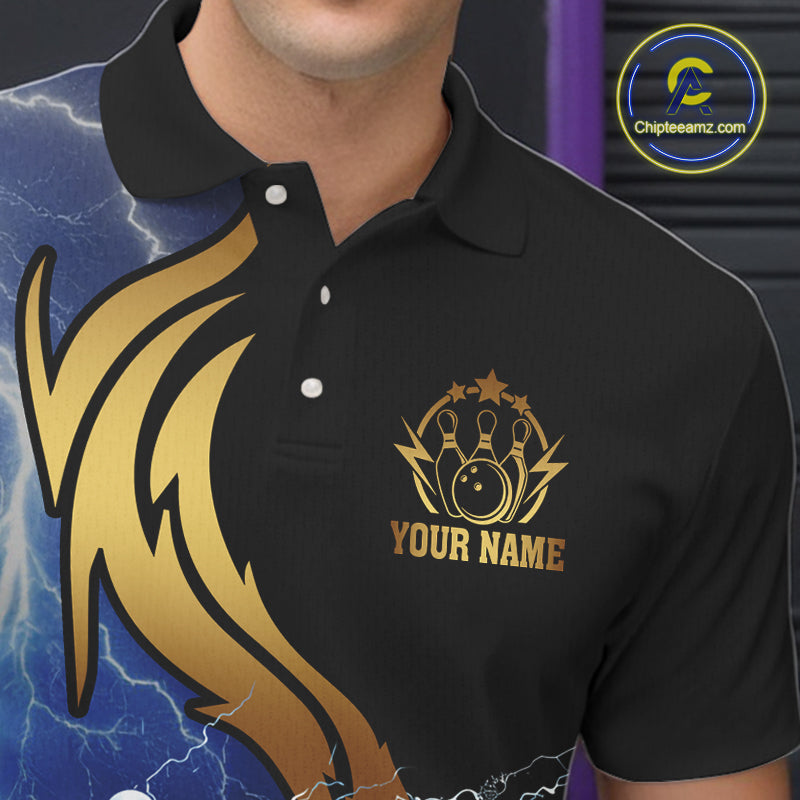 Custom Blue Lightning thunder and Gold Bowling Team Jerseys, Personalized Bowling Shirts
