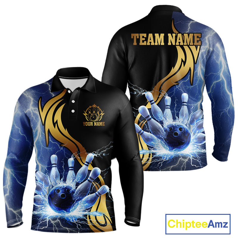 Custom Blue Lightning thunder and Gold Bowling Team Jerseys, Personalized Bowling Shirts