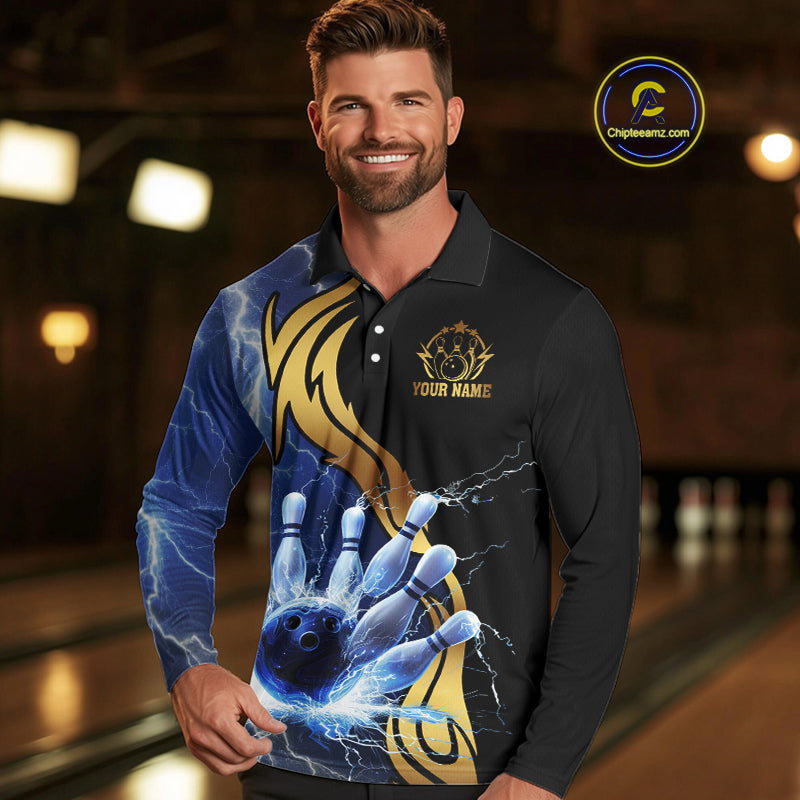 Custom Blue Lightning thunder and Gold Bowling Team Jerseys, Personalized Bowling Shirts