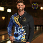 Custom Blue Lightning thunder and Gold Bowling Team Jerseys, Personalized Bowling Shirts