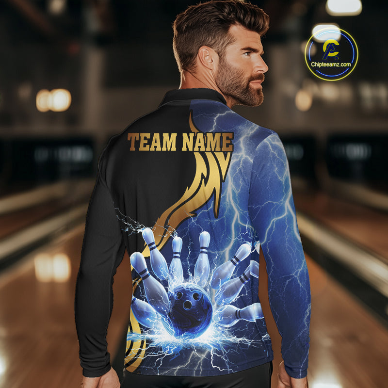 Custom Blue Lightning thunder and Gold Bowling Team Jerseys, Personalized Bowling Shirts