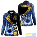 Custom Blue Lightning thunder and Gold Bowling Team Jerseys, Personalized Bowling Shirts
