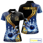 Custom Blue Lightning thunder and Gold Bowling Team Jerseys, Personalized Bowling Shirts