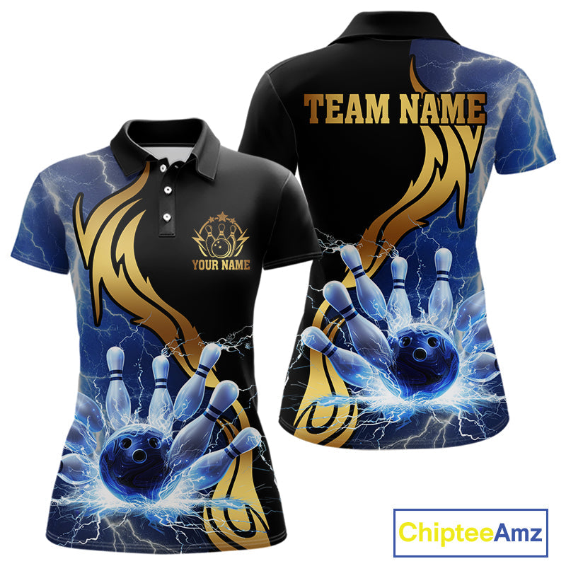 Custom Blue Lightning thunder and Gold Bowling Team Jerseys, Personalized Bowling Shirts