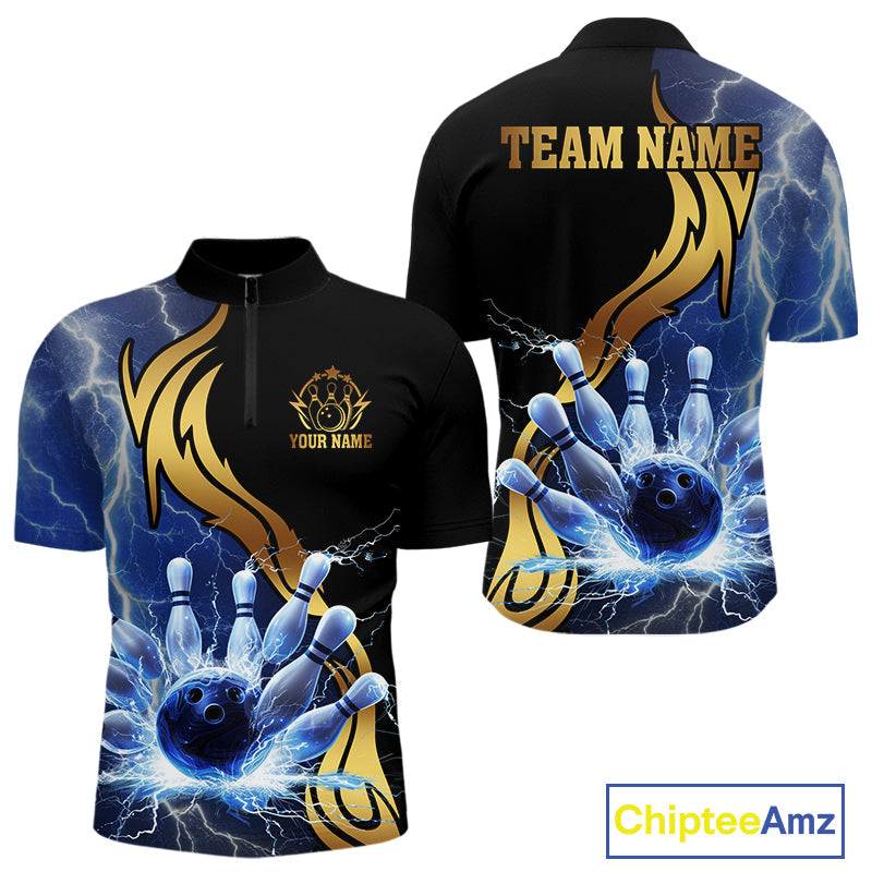 Custom Blue Lightning thunder and Gold Bowling Team Jerseys, Personalized Bowling Shirts
