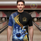Custom Blue Lightning thunder and Gold Bowling Team Jerseys, Personalized Bowling Shirts