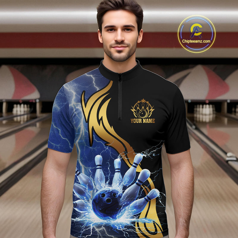 Custom Blue Lightning thunder and Gold Bowling Team Jerseys, Personalized Bowling Shirts