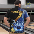 Custom Blue Lightning thunder and Gold Bowling Team Jerseys, Personalized Bowling Shirts
