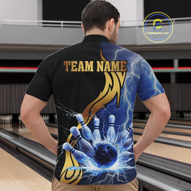 Custom Blue Lightning thunder and Gold Bowling Team Jerseys, Personalized Bowling Shirts