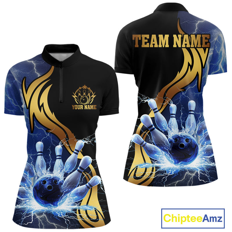 Custom Blue Lightning thunder and Gold Bowling Team Jerseys, Personalized Bowling Shirts