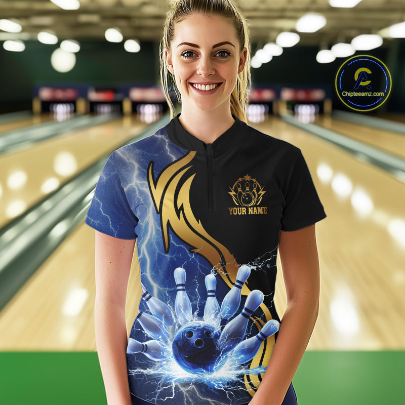 Custom Blue Lightning thunder and Gold Bowling Team Jerseys, Personalized Bowling Shirts