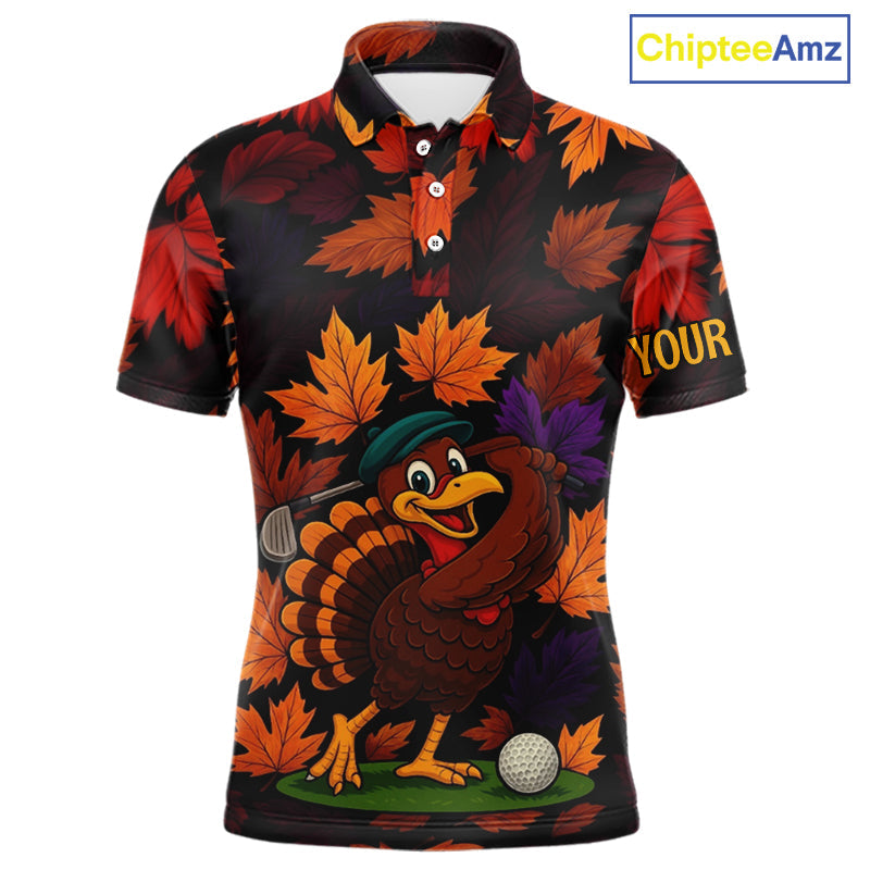 Golf Turkey Thanksgiving Golf Polo Shirt Orange Autumn Leaf Custom Golf top Golf Gifts