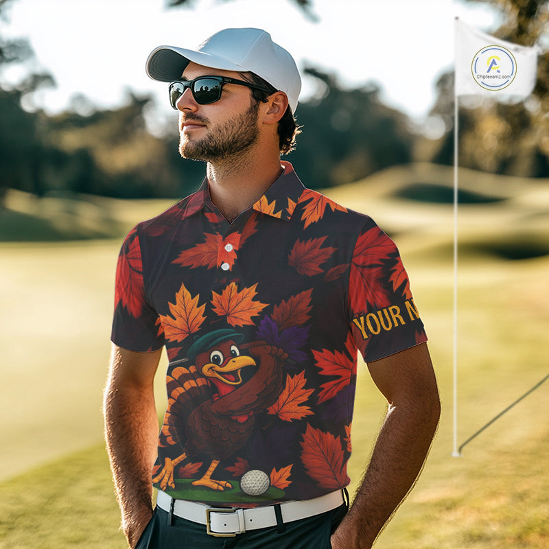 Golf Turkey Thanksgiving Golf Polo Shirt Orange Autumn Leaf Custom Golf top Golf Gifts