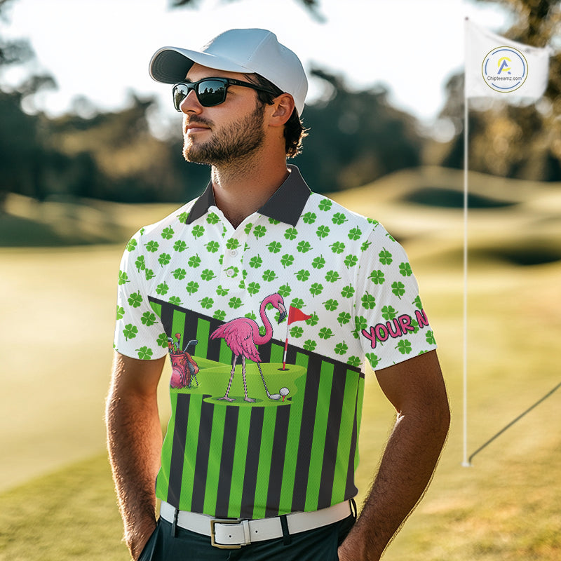 Green shamrock pattern flamingo golf polo shirts Custom St Patrick's Day golf outfit