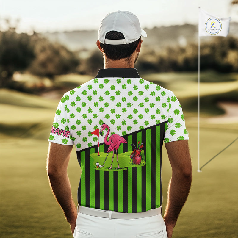 Green shamrock pattern flamingo golf polo shirts Custom St Patrick's Day golf outfit