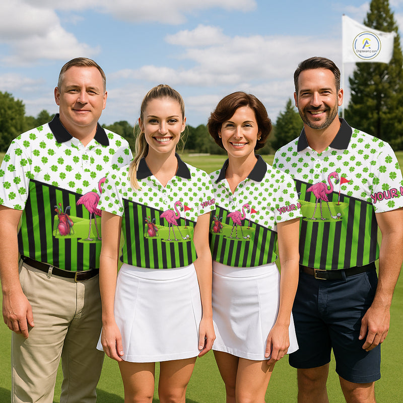 Green shamrock pattern flamingo golf polo shirts Custom St Patrick's Day golf outfit