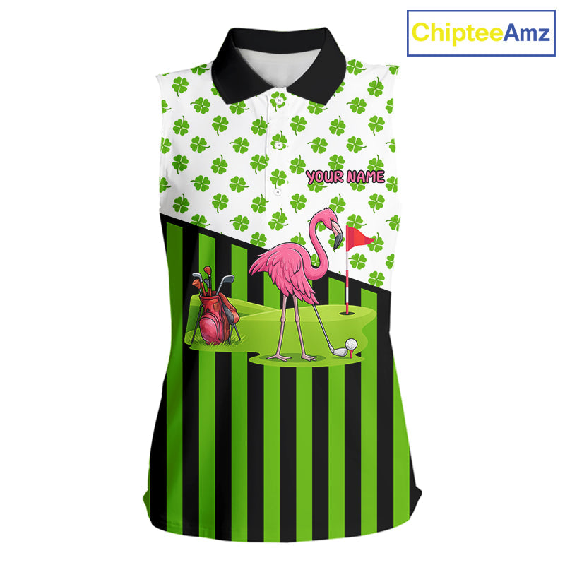 Green shamrock pattern flamingo 's sleeveless polo shirt Custom St Patrick's Day golf outfit