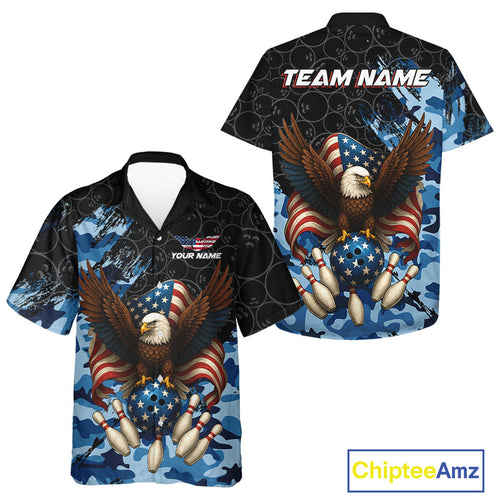 Black and Blue Camo American Flag Eagle Bowling Hawaiian Shirt Custom Patriotic Team Bowling Jersey