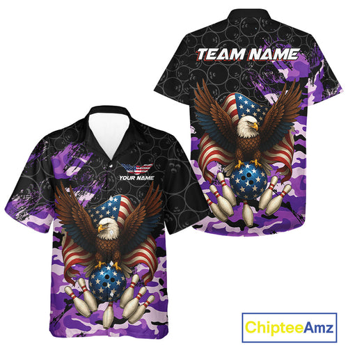 Black and Purple Camo American Flag Eagle Bowling Hawaiian Shirt Custom Patriotic Team Bowling Jersey