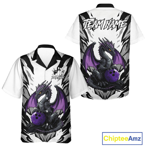 Black and White Bowling Button-up Shirts Custom Purple Dragon Bowling Team Hawaiian Jerseys