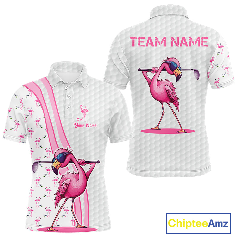 Funny golf polo shirt custom pink and white flamingo pattern white golf shirts