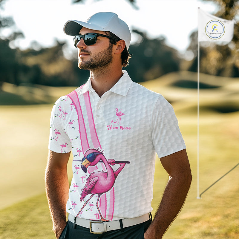 Funny golf polo shirt custom pink and white flamingo pattern white golf shirts