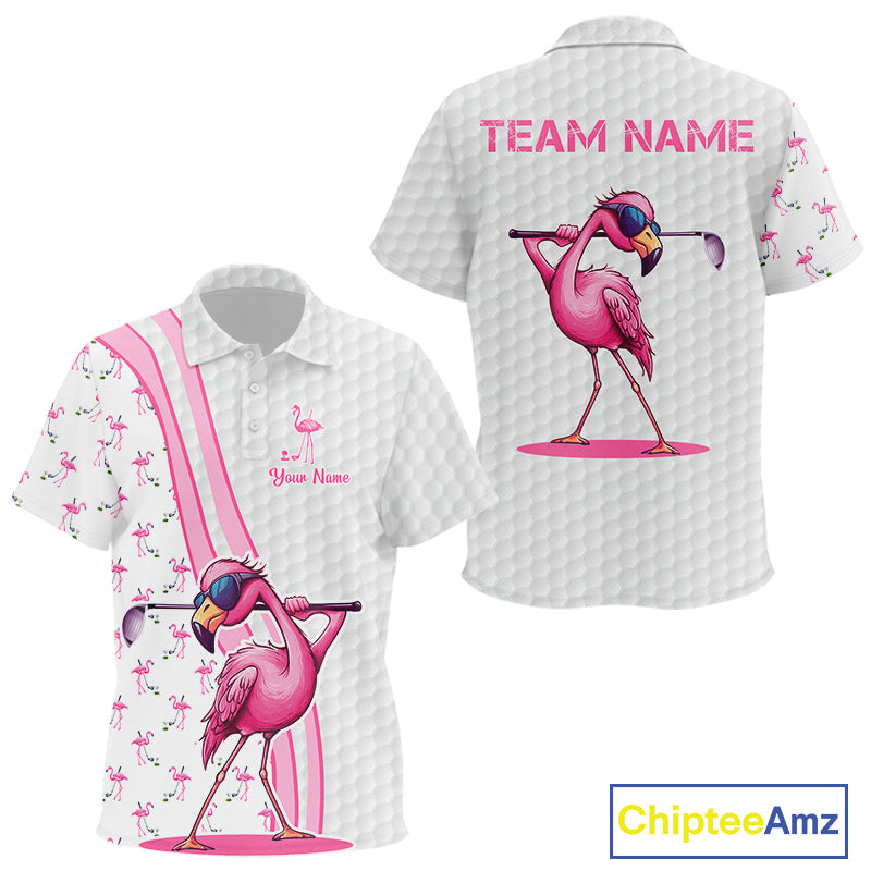 Funny golf polo shirts custom pink and white flamingo pattern white golf shirts