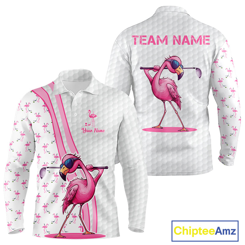 Funny golf polo shirt custom pink and white flamingo pattern white golf shirts