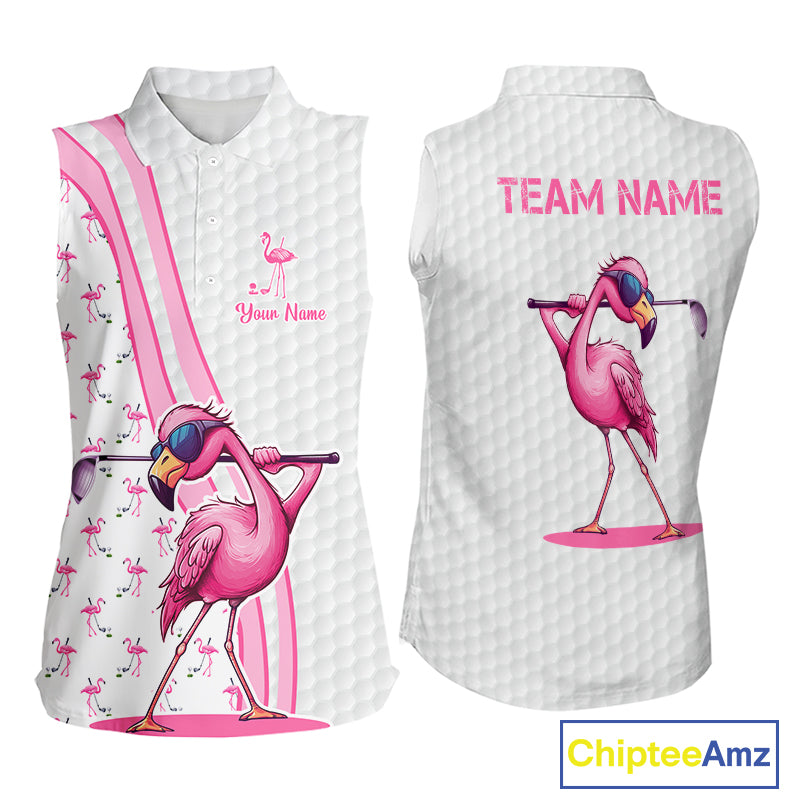 Funny sleeveless polo shirts custom pink and white flamingo pattern white golf shirts
