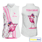 Funny sleeveless polo shirts custom pink and white flamingo pattern white golf shirts