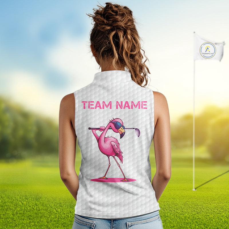 Funny sleeveless polo shirts custom pink and white flamingo pattern white golf shirts