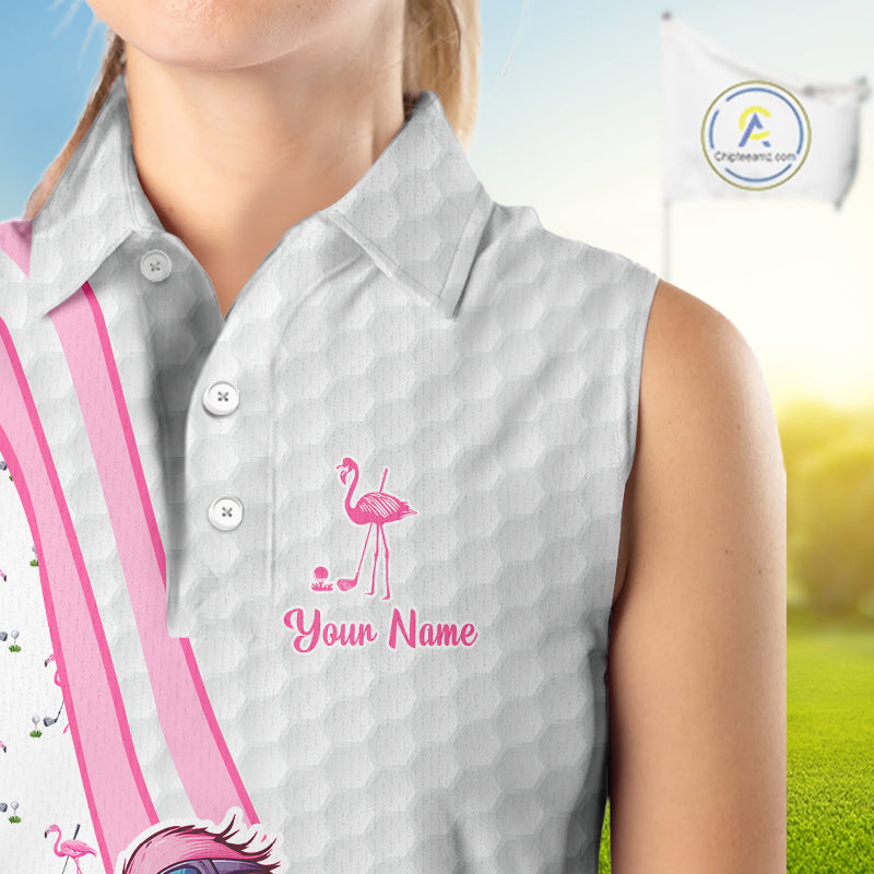 Funny sleeveless polo shirts custom pink and white flamingo pattern white golf shirts