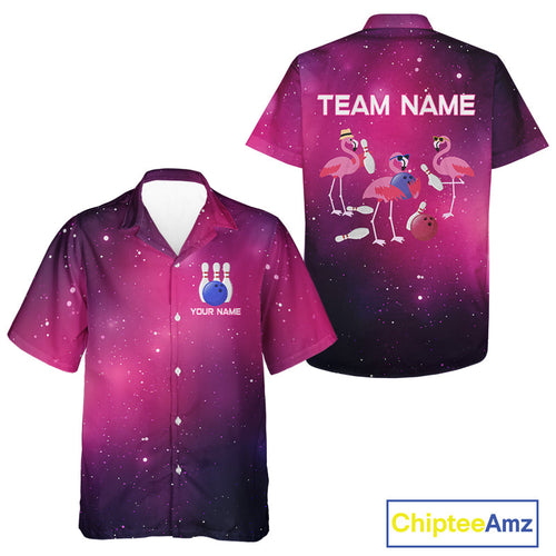 Funny Flamingo Team bowling Hawaiian Shirt custom Pink Galaxy pattern bowling Shirt for bowlers