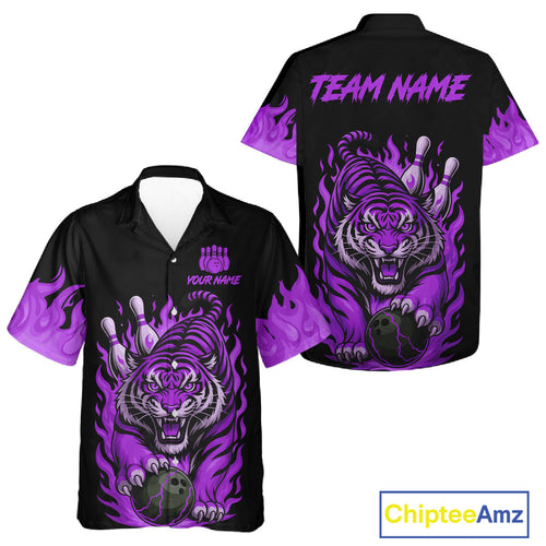 Black and Purple Flame Tiger Bowling Hawaiian Shirt Custom Team Tiger Bowling Jersey