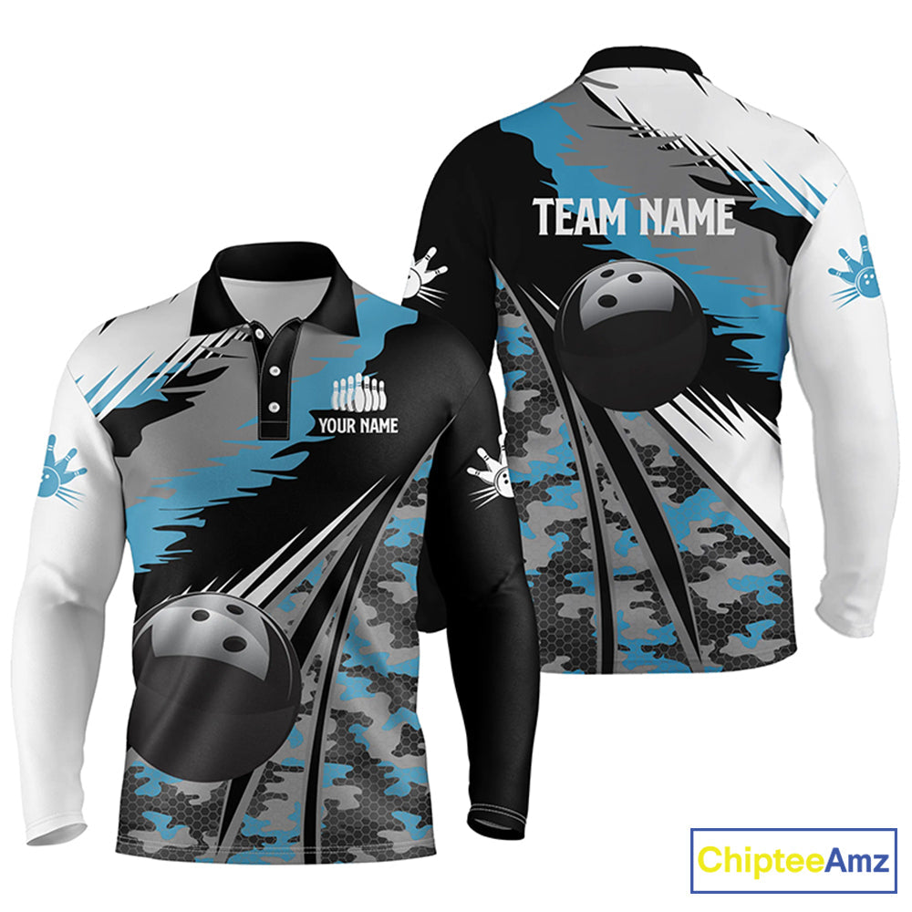 polo bowling shirts Custom black ball blue camo Bowling Team Jersey, gift for Bowlers