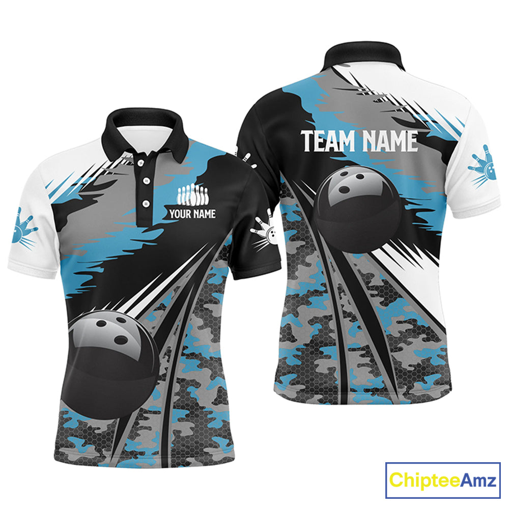 polo bowling shirts Custom black ball blue camo Bowling Team Jersey, gift for Bowlers
